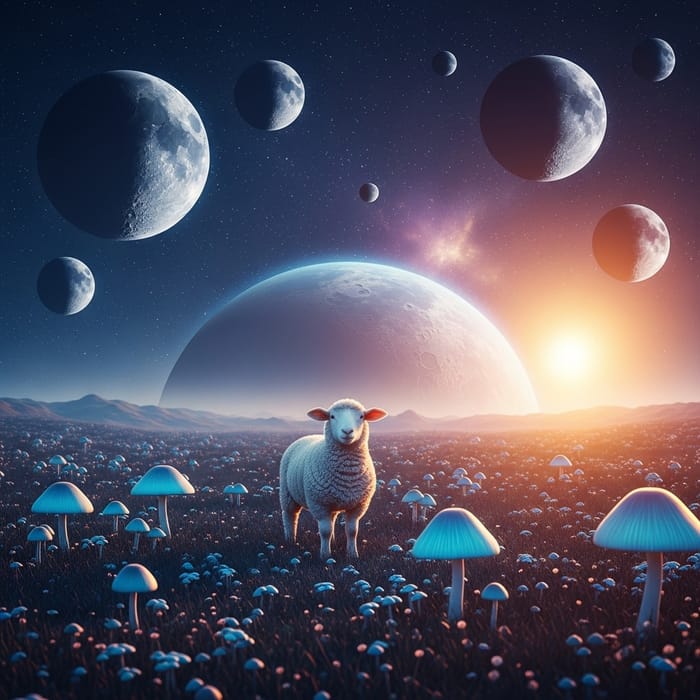 Adorable Sheep on Strange Planet with Magical Mushrooms
