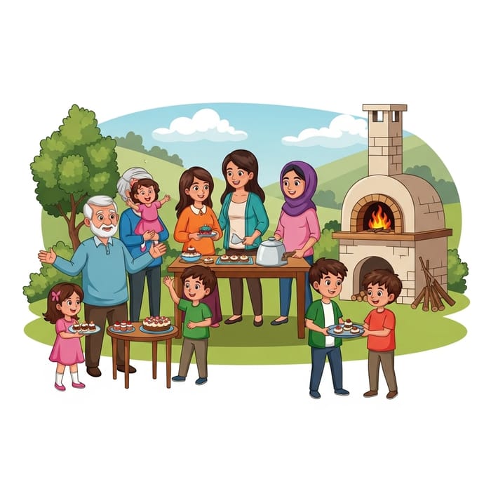 Joyful Levantine Family Celebrates New Year with Festive Dessert Making | Village Garden Scene