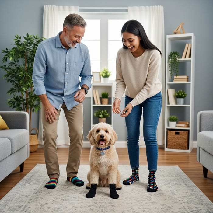 Colorful Socks: Man, Woman, Dog in Cozy Room Colorful Socks: Man, Woman, Dog in Cozy Room