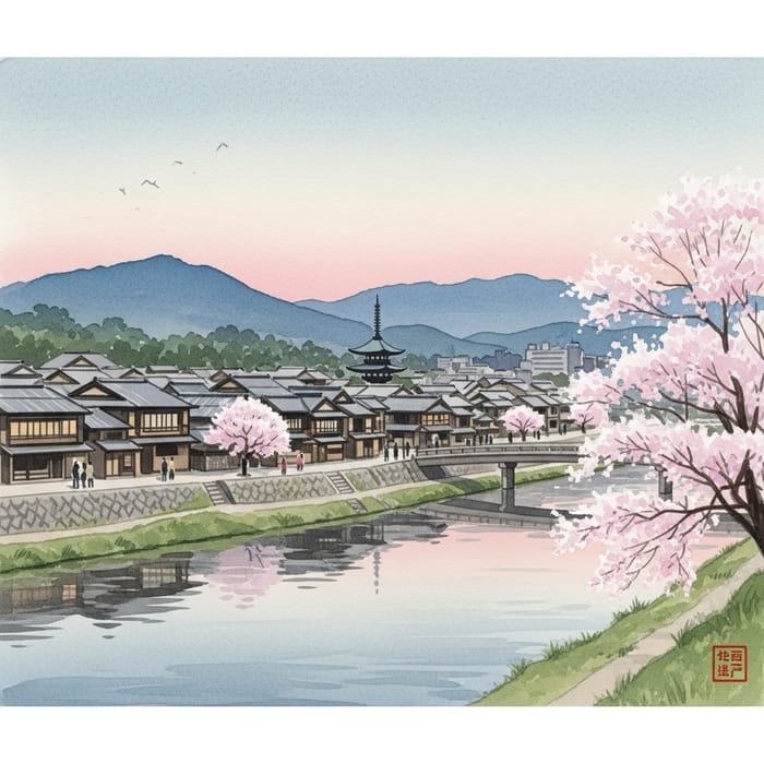 Serene Kyoto Cityscape Watercolor Painting | Tranquil Japanese Aesthetic Serene Kyoto Cityscape Watercolor Painting | Tranquil Japanese Aesthetic