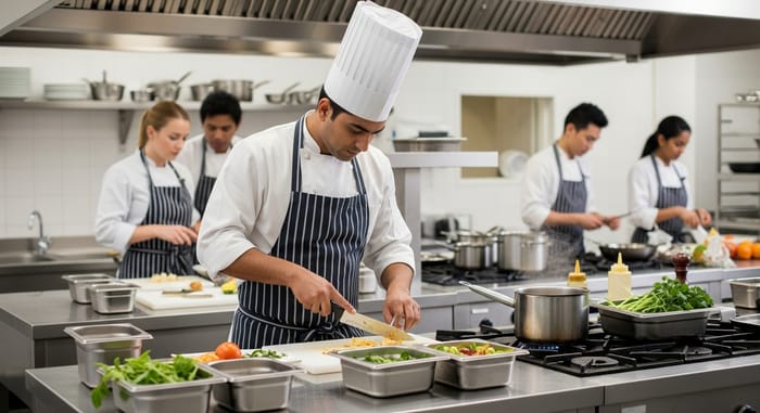 Professional Chef Crafting Culinary Masterpiece in Vibrant Kitchen Scene Professional Chef Crafting Culinary Masterpiece in Vibrant Kitchen Scene
