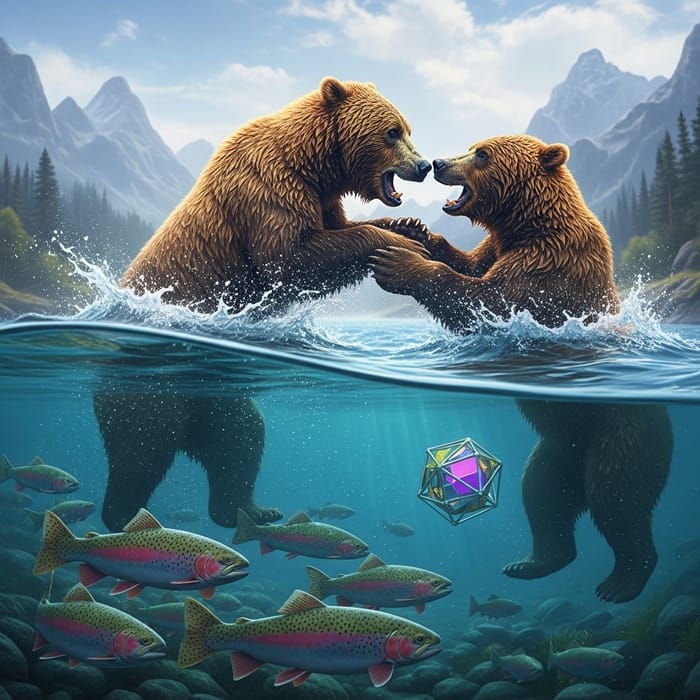 Intense Bear Struggle in River with Swimming Trout