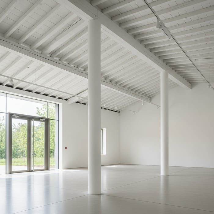 Spacious Exhibition Hall with Pitched Roof & White Interior