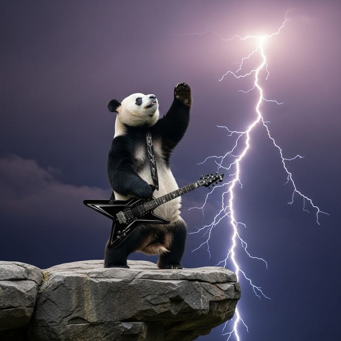 Panda Rock and Roll Pose with Lightning Sky
