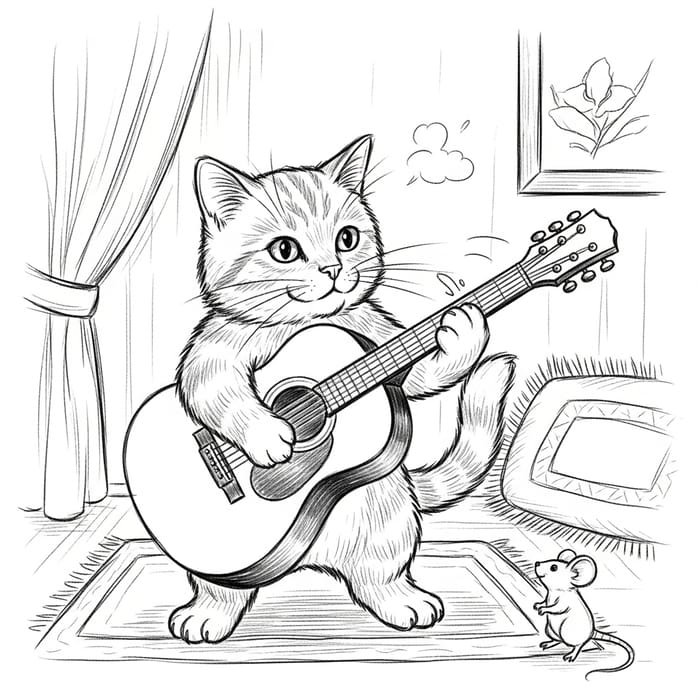 Cute Cat Jamming on Guitar Sketch