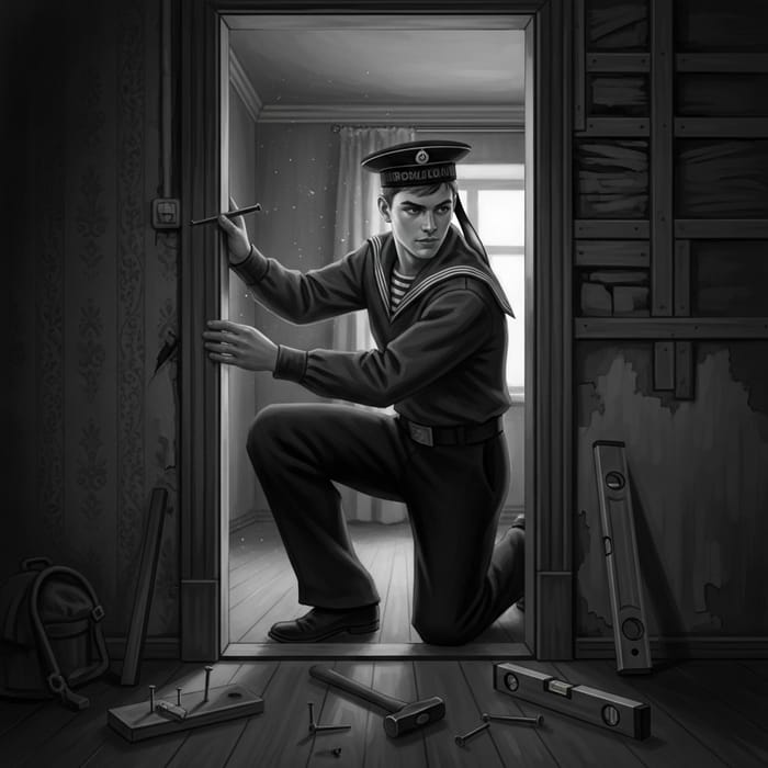 Russian Sailor Installing Door in Vintage Black and White Poster Art Russian Sailor Installing Door in Vintage Black and White Poster Art