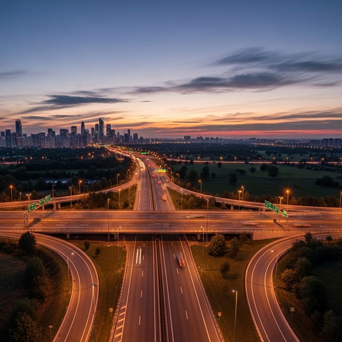 Scenic Sunset Over Modern Roadways | Urban Cityscape