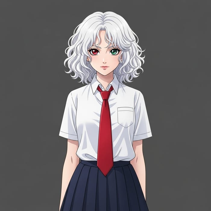 Heterochromia: Curly White Hair School Girl with Red Tie