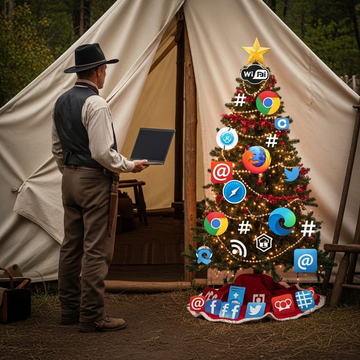 Pioneer Guy with Laptop in Camp, Christmas Tree with Web Icons Pioneer Guy with Laptop in Camp, Christmas Tree with Web Icons