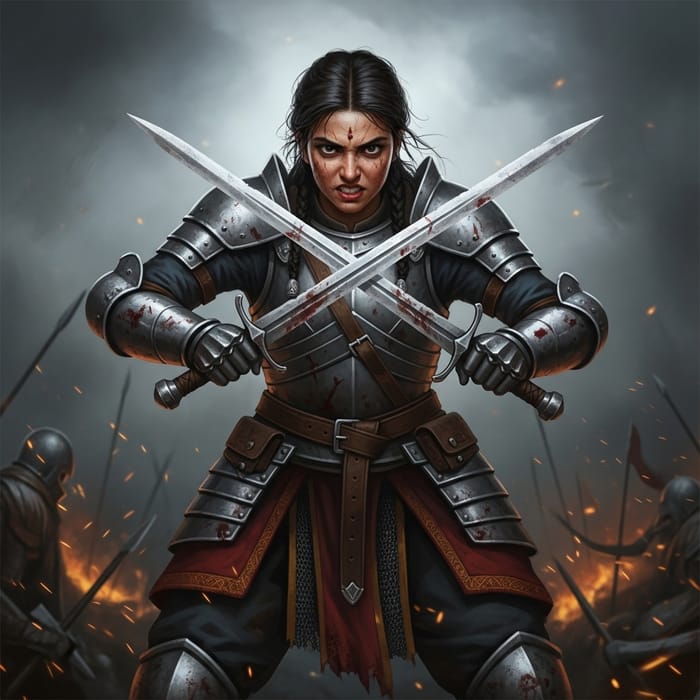 Warlike Girl in Torn Armor with Swords Warlike Girl in Torn Armor with Swords