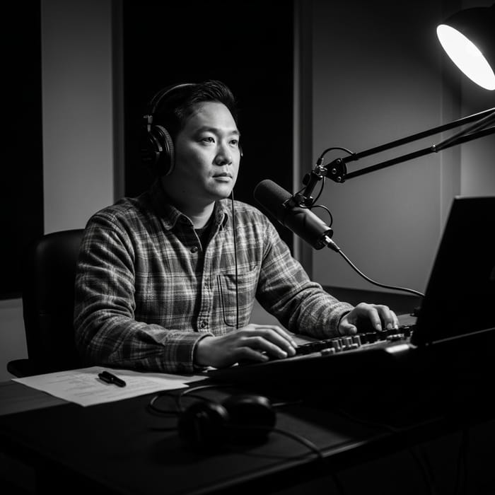 Podcast Host in Vintage Black & White Studio | Creative Process