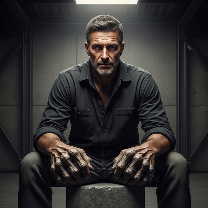 Intimidating 50-Year-Old Man with Stone-Like Hands Sitting on Cube
