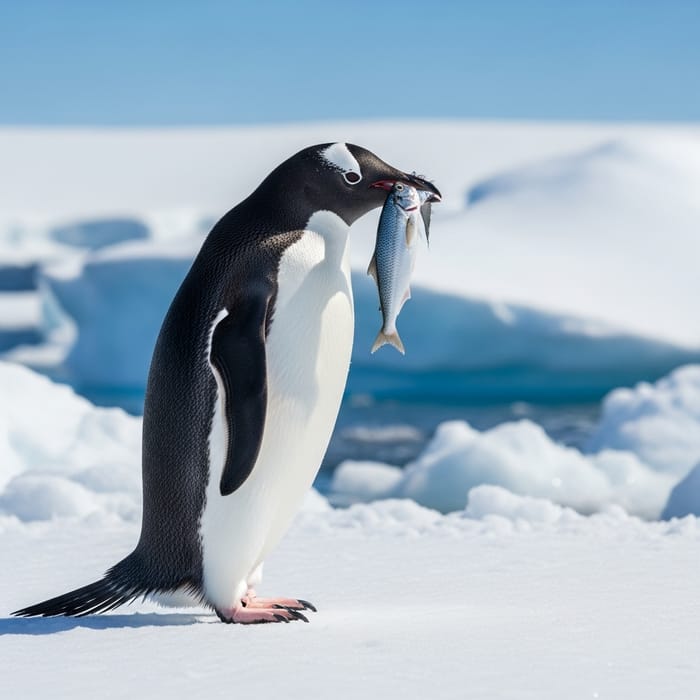 Cute Antarctic Penguin with Fish | Natural Snowy Scene Cute Antarctic Penguin with Fish | Natural Snowy Scene