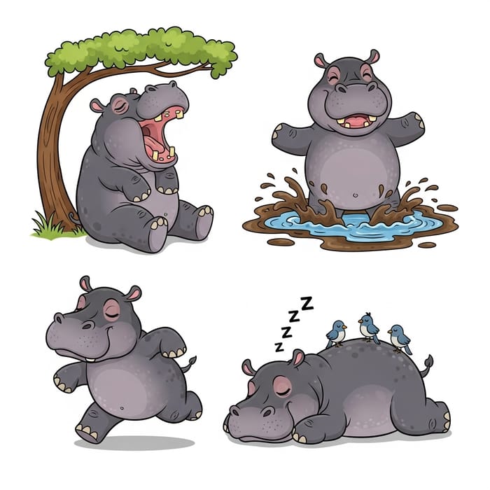 Cute and Whimsical Hippo Poses | Vector Illustrations