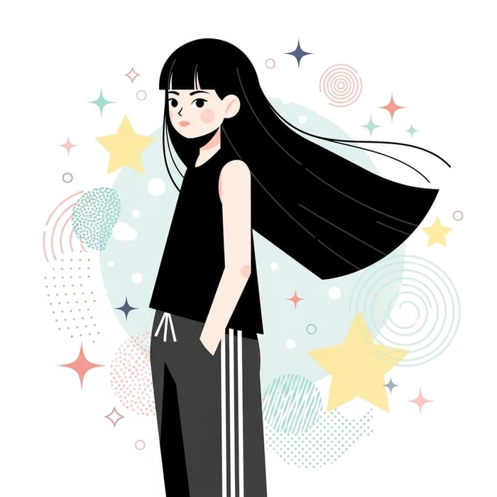 Flat Geometric Style Illustration of Japanese Girl with Black Hair