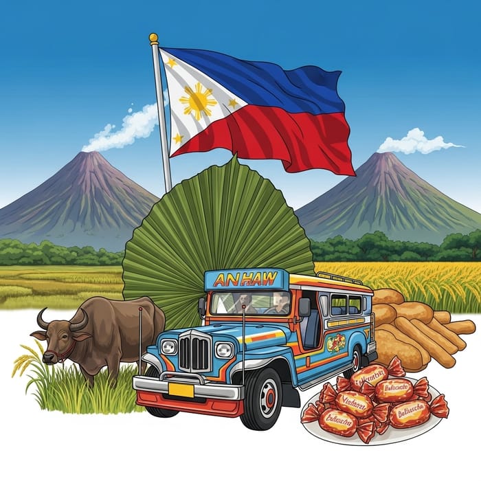 Philippine Culture: Vibrant Scene with Jeepney, Anahaw Leaf & More Philippine Culture: Vibrant Scene with Jeepney, Anahaw Leaf & More