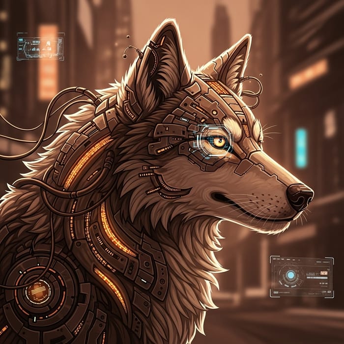 Cyberpunk Style Wolf - Smiling with Head Turned Right in Brown Shades Cyberpunk Style Wolf - Smiling with Head Turned Right in Brown Shades