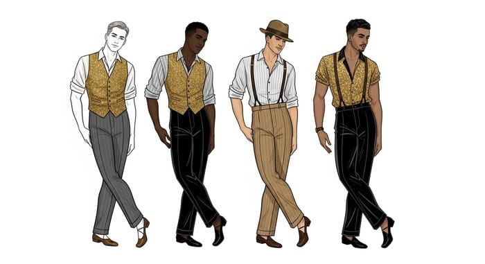 1920s Male Dancers Costume Design Sketches in Rich Gold and Shimmering Silver