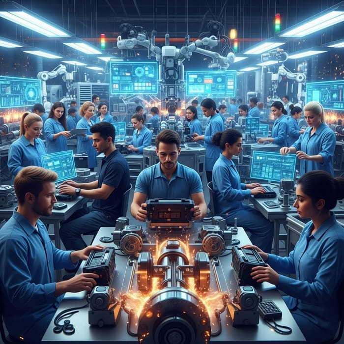 Futuristic Factory Workers | Diversity & Advanced Tech Production Futuristic Factory Workers | Diversity & Advanced Tech Production