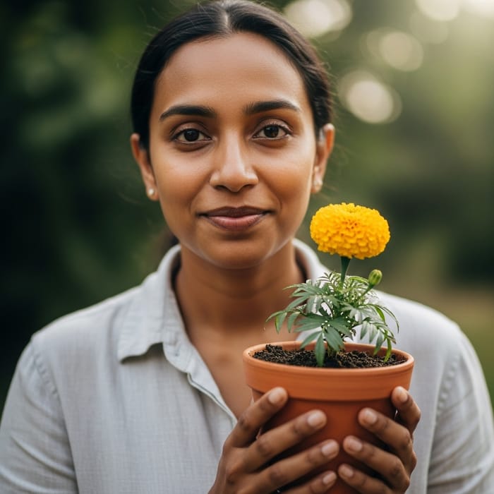 Beautiful Person Looking at Camera with Flower Pot
