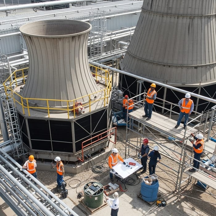 Bustling Industrial Process with Diverse Workforce and Cooling Tower Bustling Industrial Process with Diverse Workforce and Cooling Tower