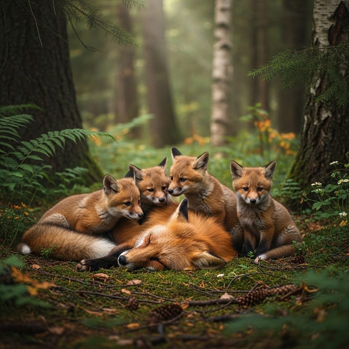 Red Fox Family in the Forest: A Touching Scene Red Fox Family in the Forest: A Touching Scene