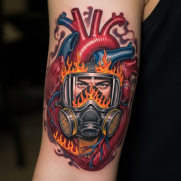 Heart Muscle Tattoo with Firefighter and Flames Inside