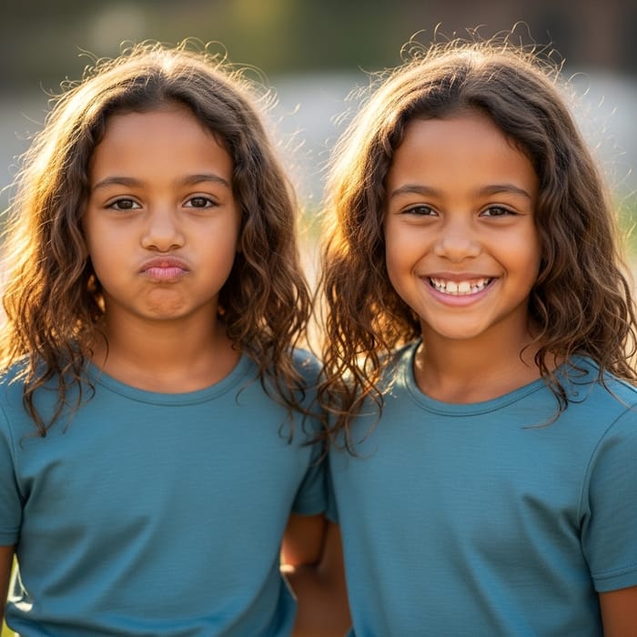 Biracial Twin Girls, Age 10: Pouting and Smiling Sisters - Beautiful Family Portrait Biracial Twin Girls, Age 10: Pouting and Smiling Sisters - Beautiful Family Portrait