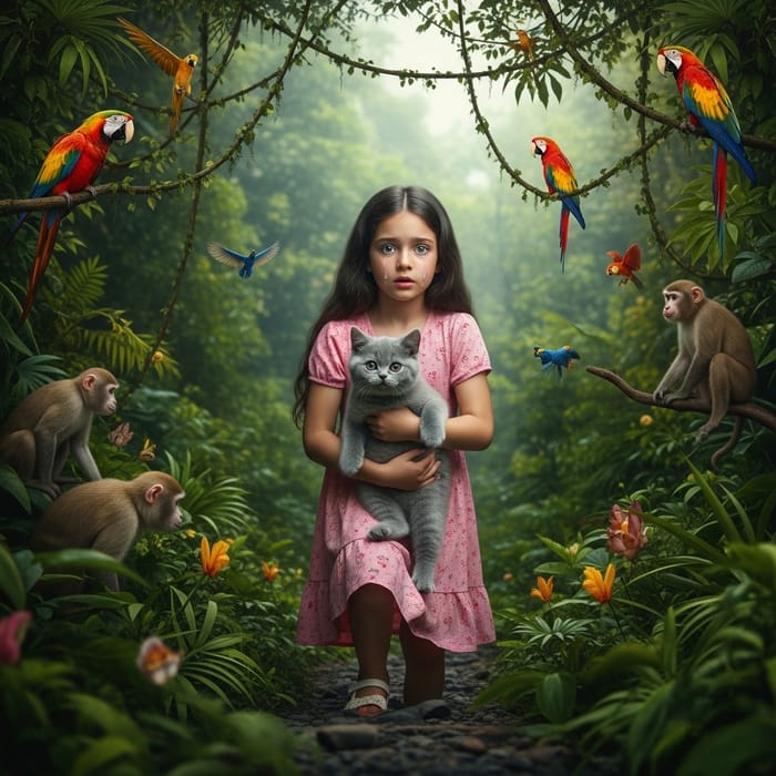 Fearless Mountain Climbing: Young Girl with Grey British Cat Fearless Mountain Climbing: Young Girl with Grey British Cat