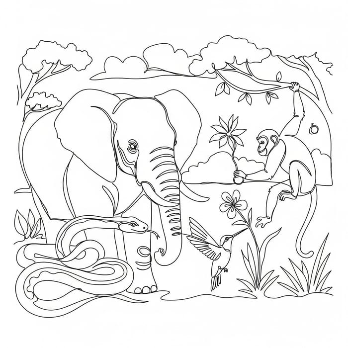 Detailed Continuous Line Art: Elephant, Snake, Monkey, Hummingbird