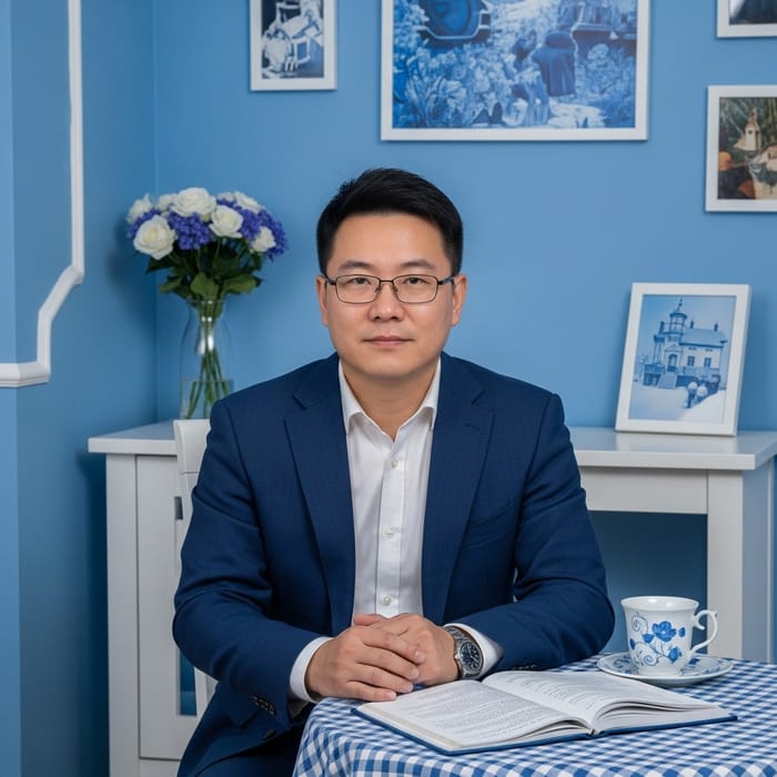 Asian Man in Blue and White Room Sitting