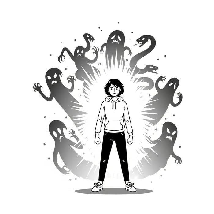 Embrace Courage: Defiant Individual Confronting Shadows