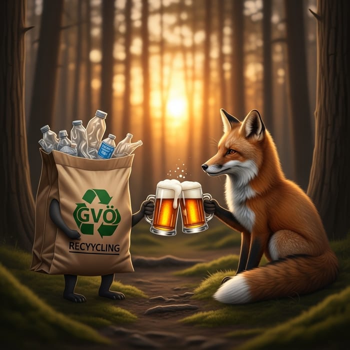 GVÖ Recycling Bag and Fox Enjoying Beer Together GVÖ Recycling Bag and Fox Enjoying Beer Together