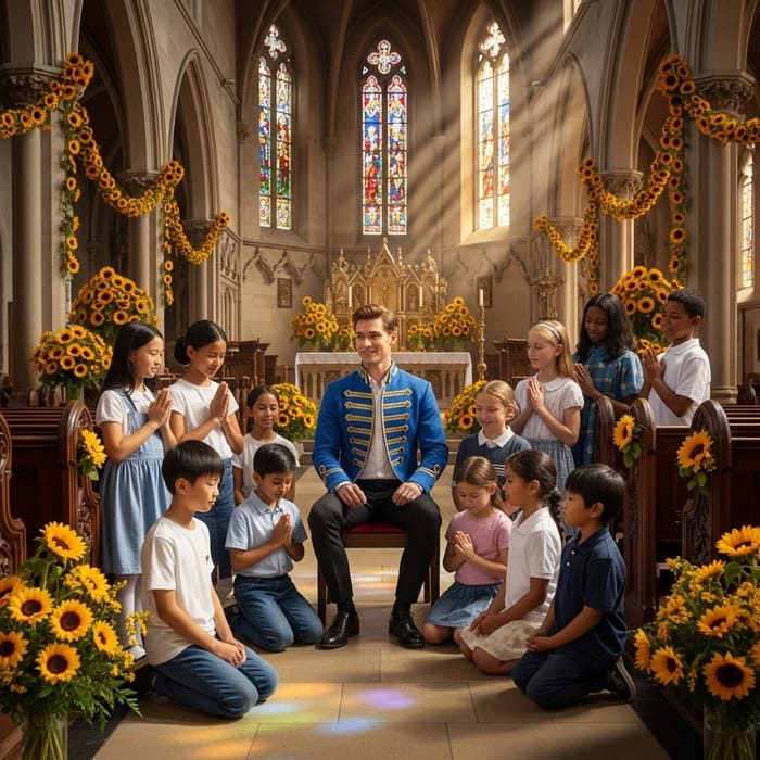 Multicultural Youth Praying with Fairytale Prince in Sunflower Church Multicultural Youth Praying with Fairytale Prince in Sunflower Church
