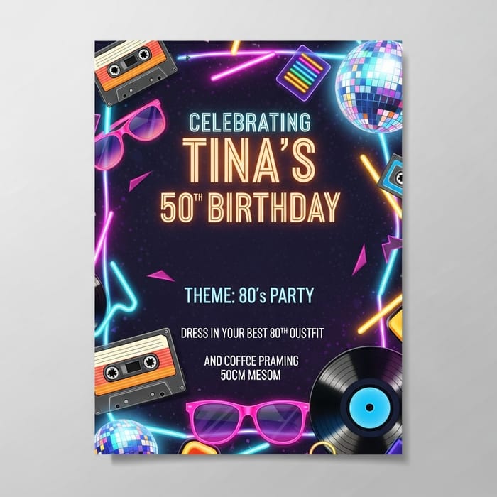 Tina's 50th Birthday 80s Party Invitation with Neon Lights Tina's 50th Birthday 80s Party Invitation with Neon Lights