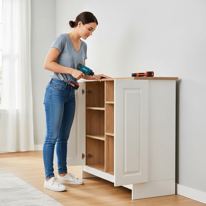 Emily Crafts Cupboard with Electric Screwdriver | Skilled DIY Craftswoman