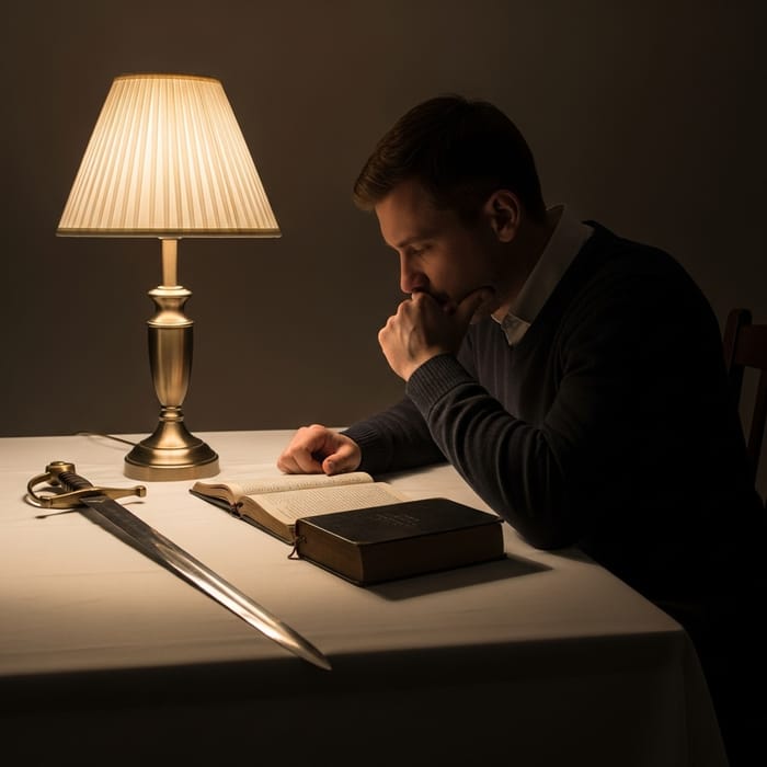 Contemplative Man at Table with Sword and Bible