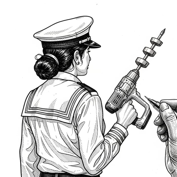 Intricate Black and White Sailor Pilot Contour Drawing - Vintage Engraving Style
