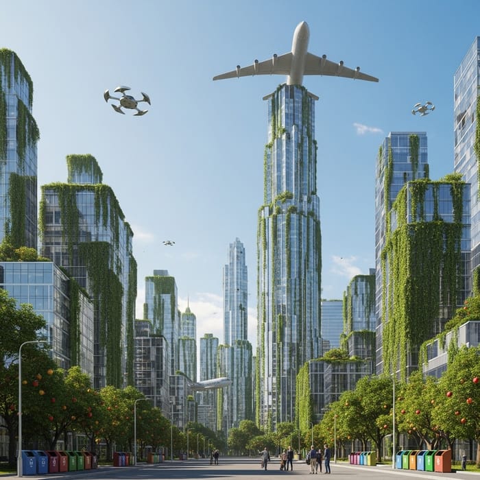 Futuristic Urban Landscape: Glass Skyscrapers & Flying Cars