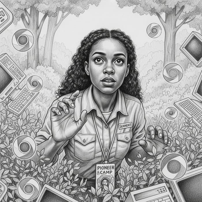 Pioneer Counselor Searching Among Bushes | Nostalgic Adventure Sketch