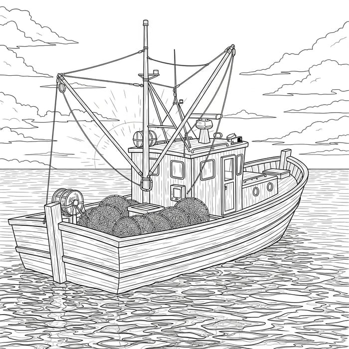 Detailed Fishing Boat Coloring Page with Wooden Cabin