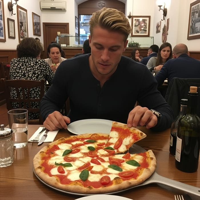 Brad Pitt Lookalike Enjoying Pizza in Cozy Italian Pizzeria