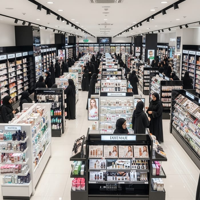 Traditional Middle-Eastern Women Shopping at Modern Cosmetics Store Traditional Middle-Eastern Women Shopping at Modern Cosmetics Store