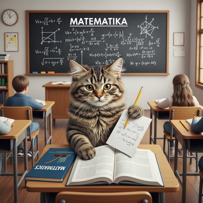 Curious Cat Studying Math in School