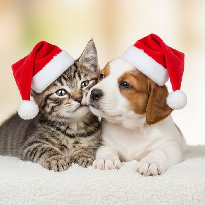 Adorable Kitten and Puppy in Christmas Hats | Sweet Holiday Pets Adorable Kitten and Puppy in Christmas Hats | Sweet Holiday Pets
