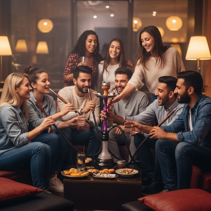 Vibrant Scene of 7 Friends Embracing Quality Time at Hookah Bar Vibrant Scene of 7 Friends Embracing Quality Time at Hookah Bar