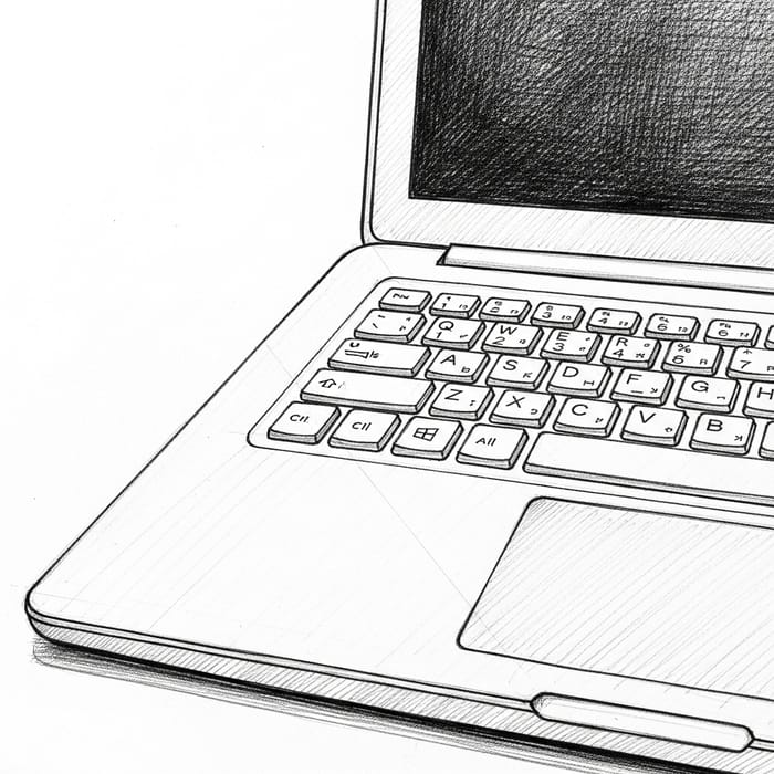 Detailed Laptop Sketch in Black and White Style