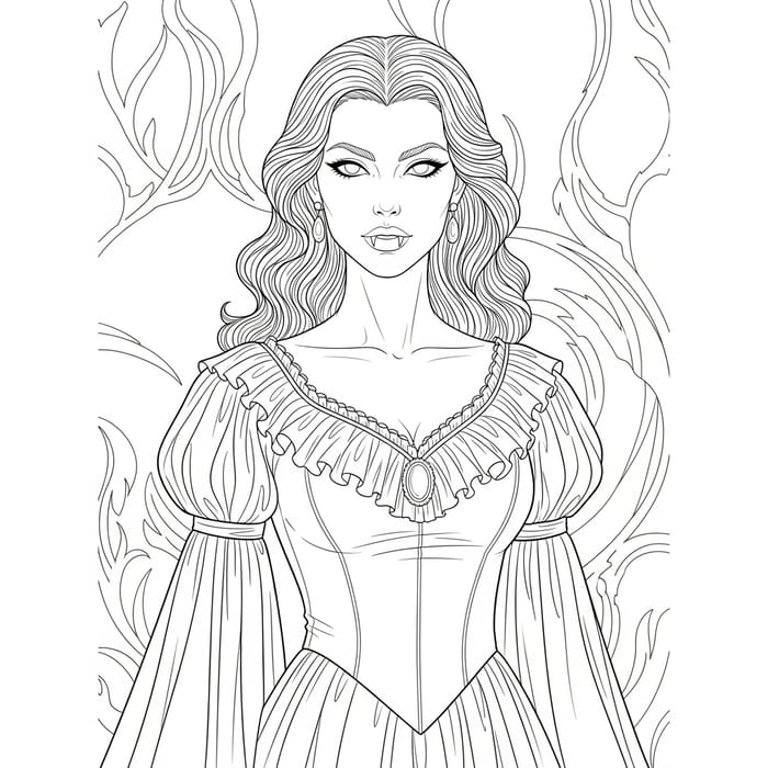 Pretty Vampire Woman Coloring Page | Detailed Gothic Design Pretty Vampire Woman Coloring Page | Detailed Gothic Design