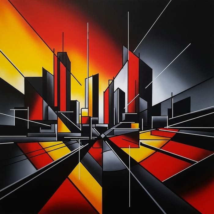 Vibrant Cityscape: Abstract Shapes & Fiery Colors Vibrant Cityscape: Abstract Shapes & Fiery Colors