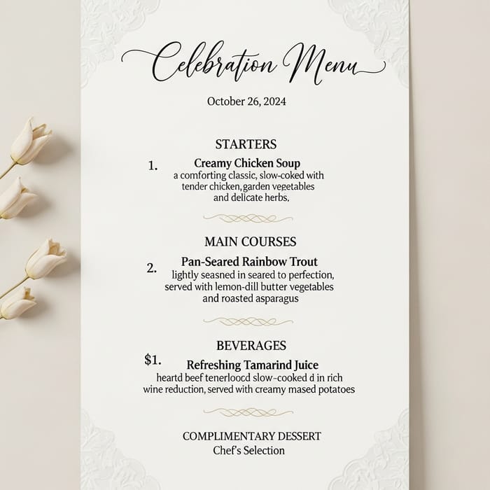 Special Day Menu: Chicken Soup, Fried Trout, Stewed Beef & Tamarind Juice Special Day Menu: Chicken Soup, Fried Trout, Stewed Beef & Tamarind Juice
